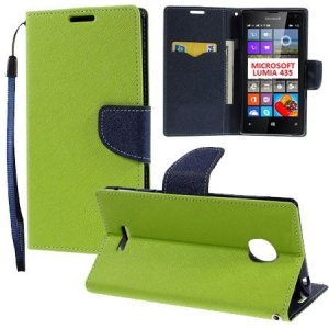 CUSTODIA FLIP ORIZZONTALE per MICROSOFT LUMIA 435 CON INTERNO IN TPU, STAND, PORTA CARTE E LACCIO DA POLSO COLORE VERDE