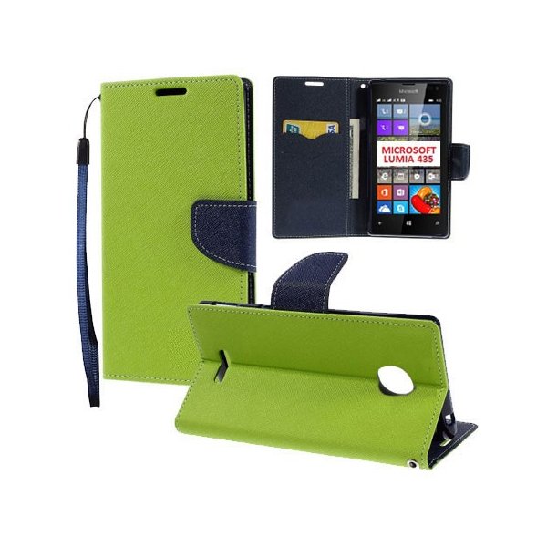 CUSTODIA FLIP ORIZZONTALE per MICROSOFT LUMIA 435 CON INTERNO IN TPU, STAND, PORTA CARTE E LACCIO DA POLSO COLORE VERDE