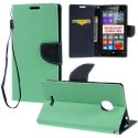 CUSTODIA FLIP ORIZZONTALE per MICROSOFT LUMIA 435 CON INTERNO IN TPU, STAND, PORTA CARTE E LACCIO DA POLSO VERDE ACQUA