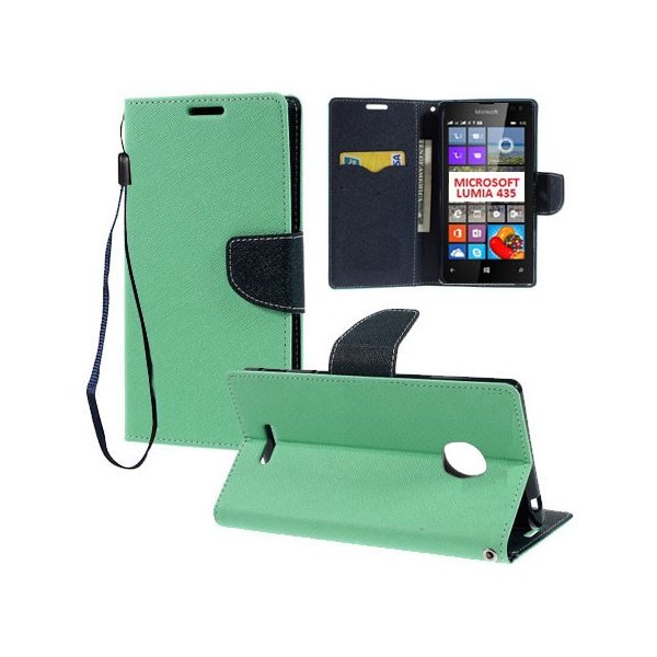 CUSTODIA FLIP ORIZZONTALE per MICROSOFT LUMIA 435 CON INTERNO IN TPU, STAND, PORTA CARTE E LACCIO DA POLSO VERDE ACQUA