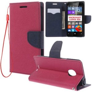 CUSTODIA FLIP ORIZZONTALE per MICROSOFT LUMIA 435 CON INTERNO IN TPU, STAND, PORTA CARTE E LACCIO DA POLSO COLORE FUCSIA