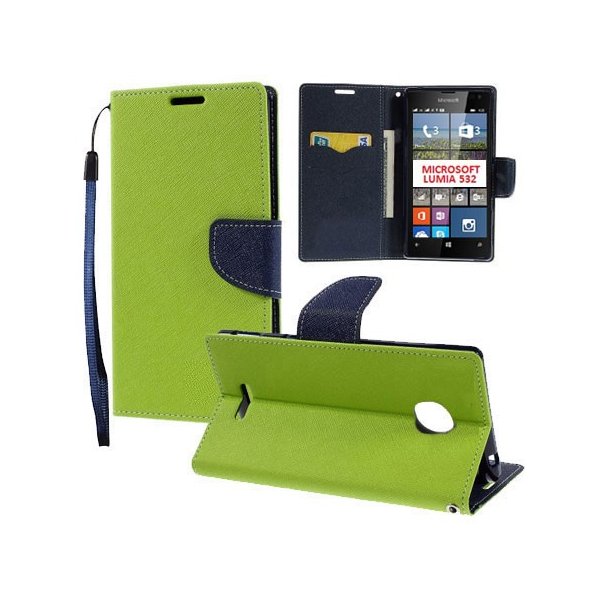 CUSTODIA FLIP ORIZZONTALE per MICROSOFT LUMIA 532 CON INTERNO IN TPU, STAND, PORTA CARTE E LACCIO DA POLSO COLORE VERDE