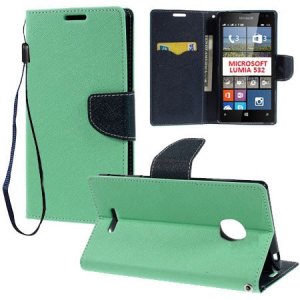 CUSTODIA FLIP ORIZZONTALE per MICROSOFT LUMIA 532 CON INTERNO IN TPU, STAND, PORTA CARTE E LACCIO DA POLSO VERDE ACQUA