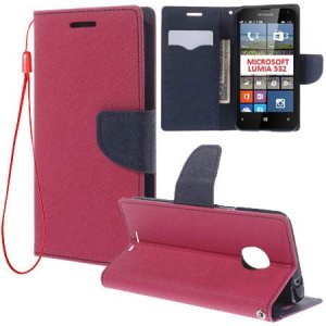 CUSTODIA FLIP ORIZZONTALE per MICROSOFT LUMIA 532 CON INTERNO IN TPU, STAND, PORTA CARTE E LACCIO DA POLSO COLORE FUCSIA