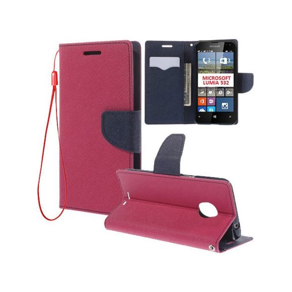 CUSTODIA FLIP ORIZZONTALE per MICROSOFT LUMIA 532 CON INTERNO IN TPU, STAND, PORTA CARTE E LACCIO DA POLSO COLORE FUCSIA