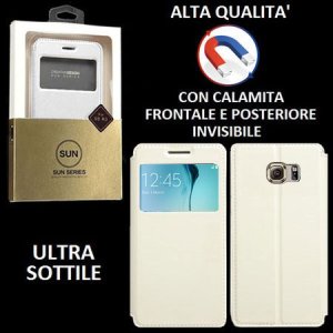 CUSTODIA FLIP ORIZZONTALE PELLE per SAMSUNG SM-G925 GALAXY S6 EDGE con CHIUSURA MAGNETICA INVISIBILE ED INTERNO IN TPU BIANCO