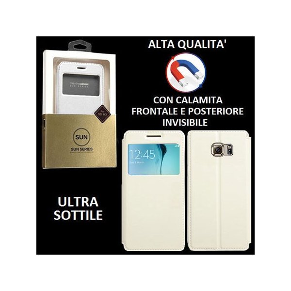 CUSTODIA FLIP ORIZZONTALE PELLE per SAMSUNG SM-G925 GALAXY S6 EDGE con CHIUSURA MAGNETICA INVISIBILE ED INTERNO IN TPU BIANCO