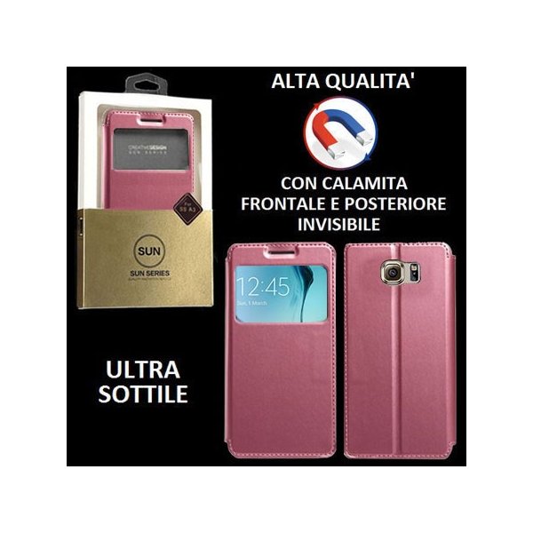 CUSTODIA FLIP ORIZZONTALE PELLE per SAMSUNG SM-G925 GALAXY S6 EDGE con CHIUSURA MAGNETICA INVISIBILE ED INTERNO IN TPU ROSA