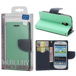 CUSTODIA FLIP ORIZZONTALE per SAMSUNG I8190 GALAXY S3 MINI, I8200 CON STAND E PORTA CARTE COLORE VERDE ACQUA FANCY DIARY MERCURY