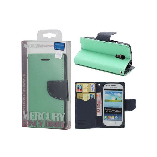 CUSTODIA FLIP ORIZZONTALE per SAMSUNG I8190 GALAXY S3 MINI, I8200 CON STAND E PORTA CARTE COLORE VERDE ACQUA FANCY DIARY MERCURY