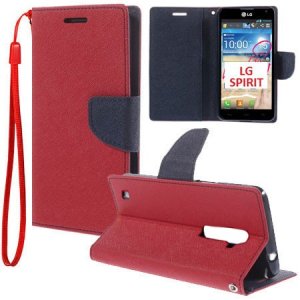 CUSTODIA FLIP ORIZZONTALE per LG SPIRIT 4G LTE H440N, H420 CON INTERNO IN TPU, STAND, PORTA CARTE E LACCIO DA POLSO COLORE ROSSO