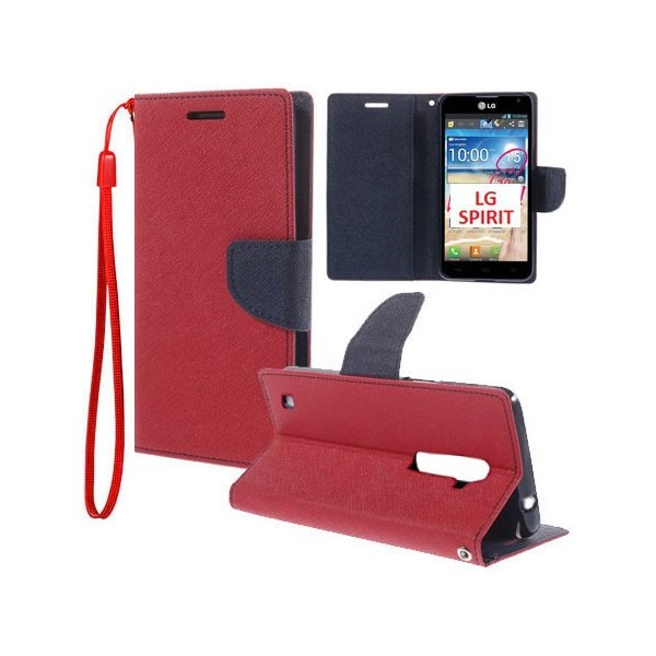 CUSTODIA FLIP ORIZZONTALE per LG SPIRIT 4G LTE H440N, H420 CON INTERNO IN TPU, STAND, PORTA CARTE E LACCIO DA POLSO COLORE ROSSO