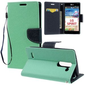 CUSTODIA FLIP ORIZZONTALE per LG SPIRIT 4G LTE H440N, H420 CON INTERNO IN TPU, STAND, PORTA CARTE E LACCIO DA POLSO VERDE ACQUA