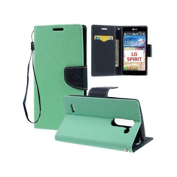 CUSTODIA FLIP ORIZZONTALE per LG SPIRIT 4G LTE H440N, H420 CON INTERNO IN TPU, STAND, PORTA CARTE E LACCIO DA POLSO VERDE ACQUA