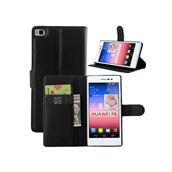 CUSTODIA FLIP ORIZZONTALE SIMILPELLE per HUAWEI ASCEND P8 CON STAND, TASCHE PORTA CARTE E CHIUSURA MAGNETICA COLORE NERO