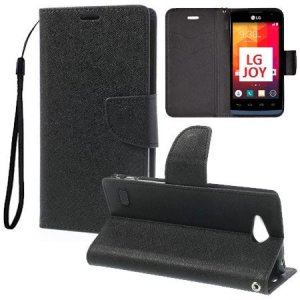 CUSTODIA FLIP ORIZZONTALE per LG JOY H220 CON INTERNO IN TPU SILICONE, STAND, TASCHE PORTA CARTE E LACCIO DA POLSO COLORE NERO