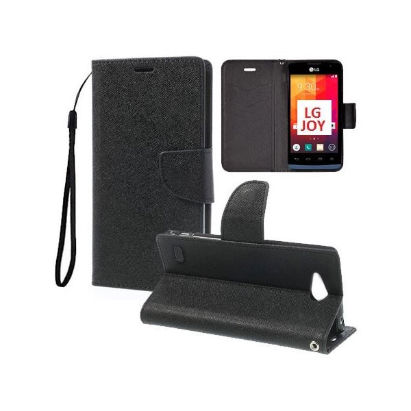 CUSTODIA FLIP ORIZZONTALE per LG JOY H220 CON INTERNO IN TPU SILICONE, STAND, TASCHE PORTA CARTE E LACCIO DA POLSO COLORE NERO