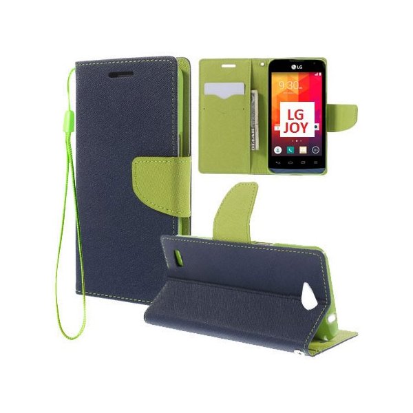 CUSTODIA FLIP ORIZZONTALE per LG JOY H220 CON INTERNO IN TPU SILICONE, STAND, TASCHE PORTA CARTE E LACCIO DA POLSO COLORE BLU