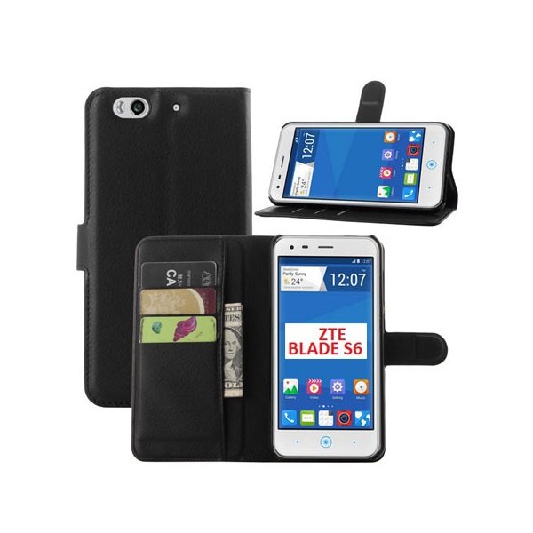 CUSTODIA FLIP ORIZZONTALE SIMILPELLE per ZTE BLADE S6 CON STAND, TASCHE PORTA CARTE E CHIUSURA MAGNETICA COLORE NERO