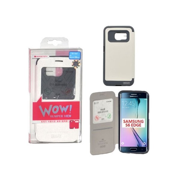 CUSTODIA FLIP ORIZZONTALE per SAMSUNG SM-G925 GALAXY S6 EDGE CON FINESTRA ID E INTERNO IN TPU COLORE BIANCO WOW! MERCURY