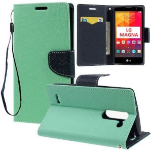 CUSTODIA FLIP ORIZZONTALE per LG MAGNA, G4C, H525N CON INTERNO IN TPU, STAND, PORTA CARTE E LACCIO DA POLSO VERDE ACQUA