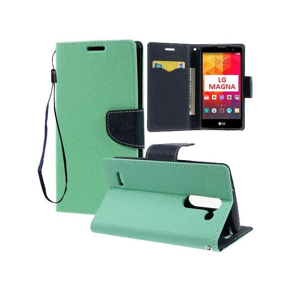 CUSTODIA FLIP ORIZZONTALE per LG MAGNA, G4C, H525N CON INTERNO IN TPU, STAND, PORTA CARTE E LACCIO DA POLSO VERDE ACQUA