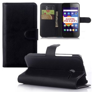 CUSTODIA FLIP ORIZZONTALE SIMILPELLE per ALCATEL ONE TOUCH IDOL PIXI 3 - 4.5" POLLICI CON STAND E PORTA CARTE COLORE NERO