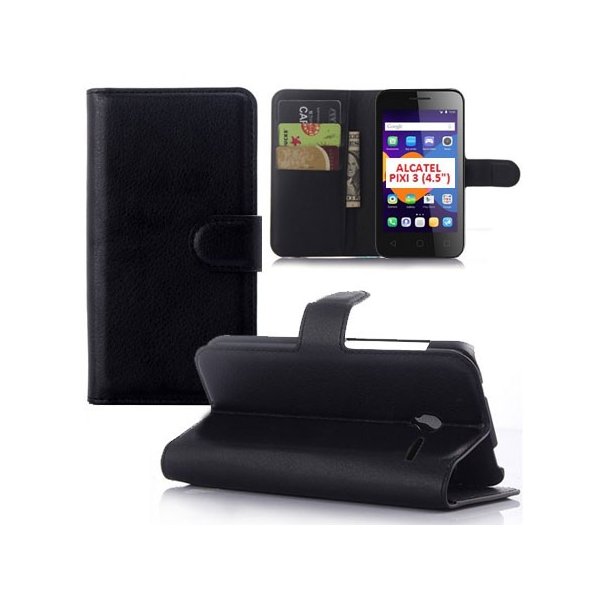 CUSTODIA FLIP ORIZZONTALE SIMILPELLE per ALCATEL ONE TOUCH IDOL PIXI 3 - 4.5" POLLICI CON STAND E PORTA CARTE COLORE NERO