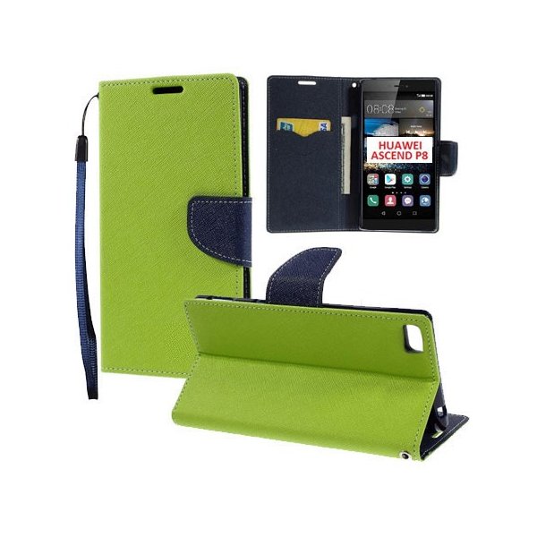 CUSTODIA FLIP ORIZZONTALE per HUAWEI ASCEND P8 CON INTERNO IN TPU SILICONE, STAND, PORTA CARTE E LACCIO DA POLSO COLORE VERDE