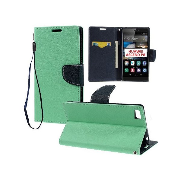 CUSTODIA FLIP ORIZZONTALE per HUAWEI ASCEND P8 CON INTERNO IN TPU, STAND, PORTA CARTE E LACCIO DA POLSO COLORE VERDE ACQUA