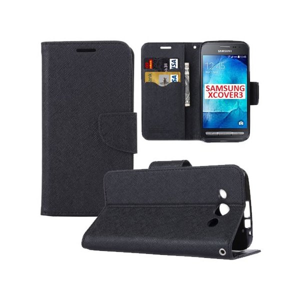 CUSTODIA FLIP ORIZZONTALE per SAMSUNG SM-G388F GALAXY XCOVER 3 CON INTERNO IN TPU SILICONE, STAND E PORTA CARTE COLORE NERO