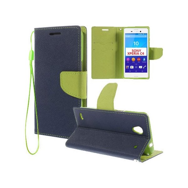 CUSTODIA FLIP ORIZZONTALE per SONY XPERIA C4, XPERIA C4 DUAL CON INTERNO IN TPU, STAND, PORTA CARTE E LACCIO DA POLSO COLORE BLU