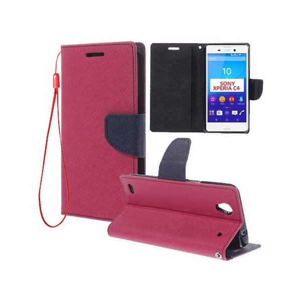 CUSTODIA FLIP ORIZZONTALE per SONY XPERIA C4, XPERIA C4 DUAL CON INTERNO IN TPU, STAND, PORTA CARTE E LACCIO DA POLSO FUCSIA