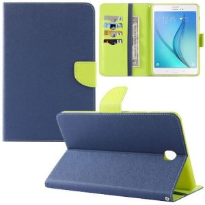 CUSTODIA BOOK ORIZZONTALE per SAMSUNG GALAXY TAB A 8.0, SM-T350 CON STAND, INTERNO IN TPU E TASCHE PORTA CARTE COLORE BLU