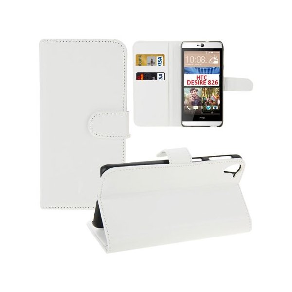 CUSTODIA FLIP ORIZZONTALE SIMILPELLE per HTC DESIRE 826, DESIRE 826 DUAL SIM CON STAND E TASCHE PORTA CARTE COLORE BIANCO