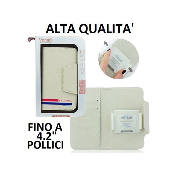 CUSTODIA FLIP ORIZZONTALE PELLE UNIVERSALE CON PORTA CARTE PER DISPOSITIVI FINO A 4,2" POLLICI COLORE BEIGE ALTA QUALITA' VERSAL