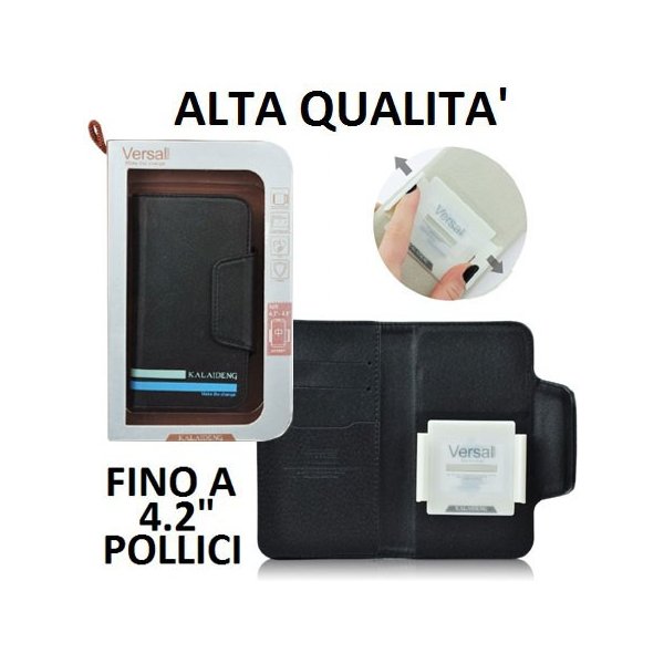 CUSTODIA FLIP ORIZZONTALE PELLE UNIVERSALE CON PORTA CARTE PER DISPOSITIVI FINO A 4,2" POLLICI COLORE NERO ALTA QUALITA' VERSAL