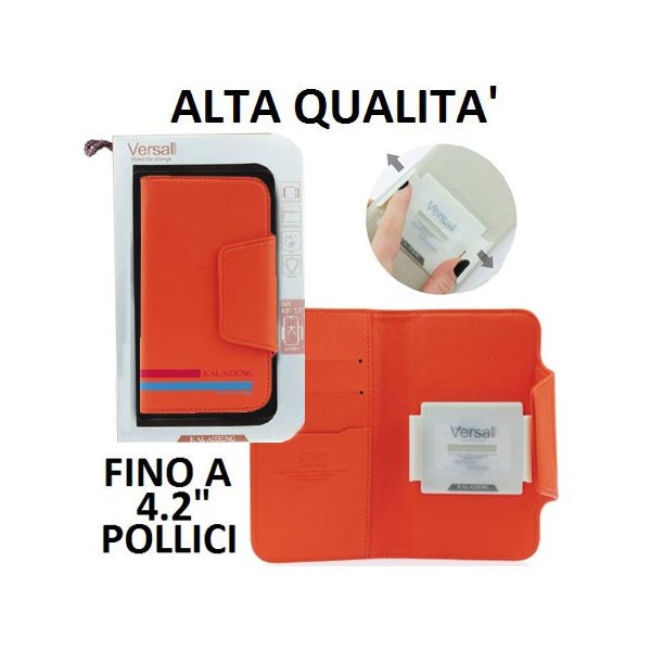 CUSTODIA FLIP ORIZZONTALE PELLE UNIVERSALE CON PORTA CARTE PER DISPOSITIVI FINO A 4,2" POLLICI COLORE ARANCIONE ALTA QUALITA'