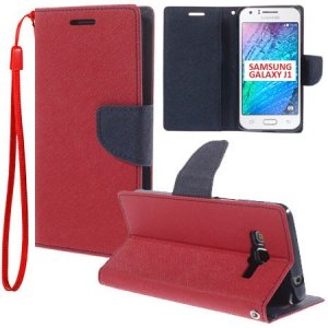 CUSTODIA FLIP ORIZZONTALE per SAMSUNG SM-J100H GALAXY J1 CON INTERNO IN TPU, STAND E PORTA CARTE COLORE ROSSO