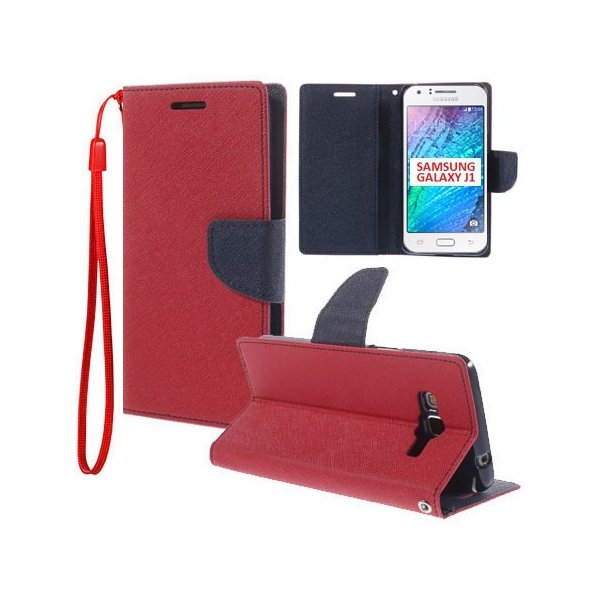 CUSTODIA FLIP ORIZZONTALE per SAMSUNG SM-J100H GALAXY J1 CON INTERNO IN TPU, STAND E PORTA CARTE COLORE ROSSO