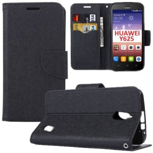 CUSTODIA FLIP ORIZZONTALE per HUAWEI ASCEND Y625 CON INTERNO IN TPU SILICONE, STAND E TASCHE PORTA CARTE COLORE NERO