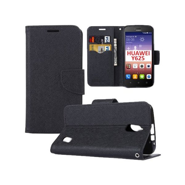 CUSTODIA FLIP ORIZZONTALE per HUAWEI ASCEND Y625 CON INTERNO IN TPU SILICONE, STAND E TASCHE PORTA CARTE COLORE NERO