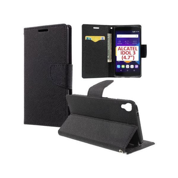 CUSTODIA FLIP ORIZZONTALE per ALCATEL ONE TOUCH IDOL 3 - 4.7" POLLICI, OT-6039X CON INTERNO IN TPU, STAND E PORTA CARTE NERO