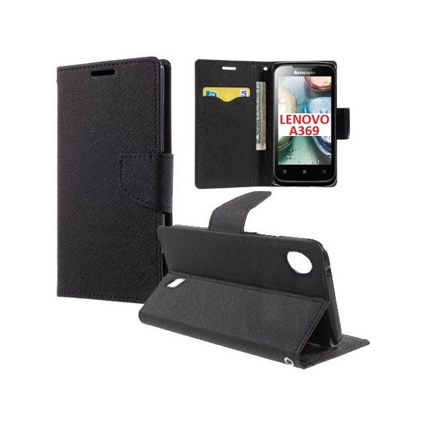 CUSTODIA FLIP ORIZZONTALE per LENOVO A369, LENOVO A369I CON INTERNO IN TPU, STAND E TASCHE PORTA CARTE COLORE NERO