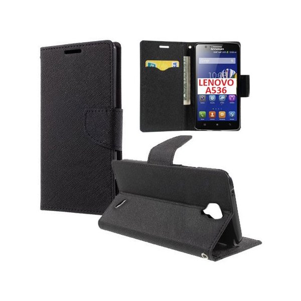 CUSTODIA FLIP ORIZZONTALE per LENOVO A536 CON INTERNO IN TPU, STAND E TASCHE PORTA CARTE COLORE NERO