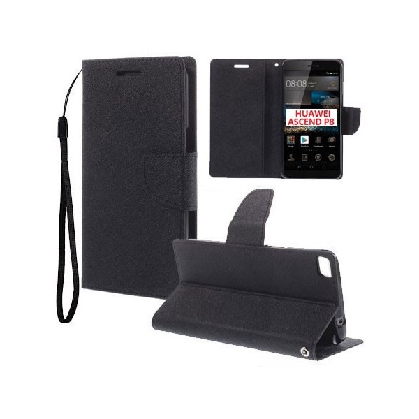 CUSTODIA FLIP ORIZZONTALE per HUAWEI ASCEND P8 CON INTERNO IN TPU SILICONE, STAND, PORTA CARTE E LACCIO DA POLSO COLORE NERO