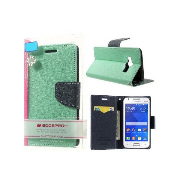 CUSTODIA FLIP ORIZZONTALE PELLE per SAMSUNG G313H GALAXY TREND, G318 TREND 2 LITE CON INTERNO IN TPU VERDE ACQUA FANCY MERCURY