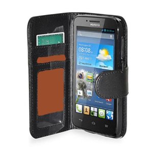 CUSTODIA FLIP ORIZZONTALE SIMILPELLE per HUAWEI ASCEND G610, G610s CON TASCHE PORTA CARTE E CHIUSURA MAGNETICA COLORE NERO