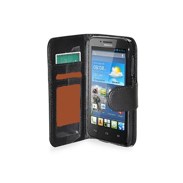 CUSTODIA FLIP ORIZZONTALE SIMILPELLE per HUAWEI ASCEND G610, G610s CON TASCHE PORTA CARTE E CHIUSURA MAGNETICA COLORE NERO