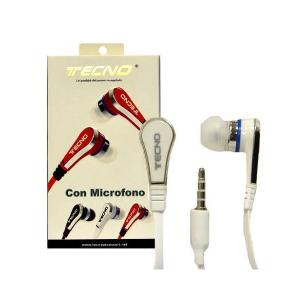 AURICOLARE STEREO con CONNETTORE JACK 3,5mm - GOMMINI, TASTO DI RISPOSTA E MICROFONO COLORE BIANCO TECNO TC-312